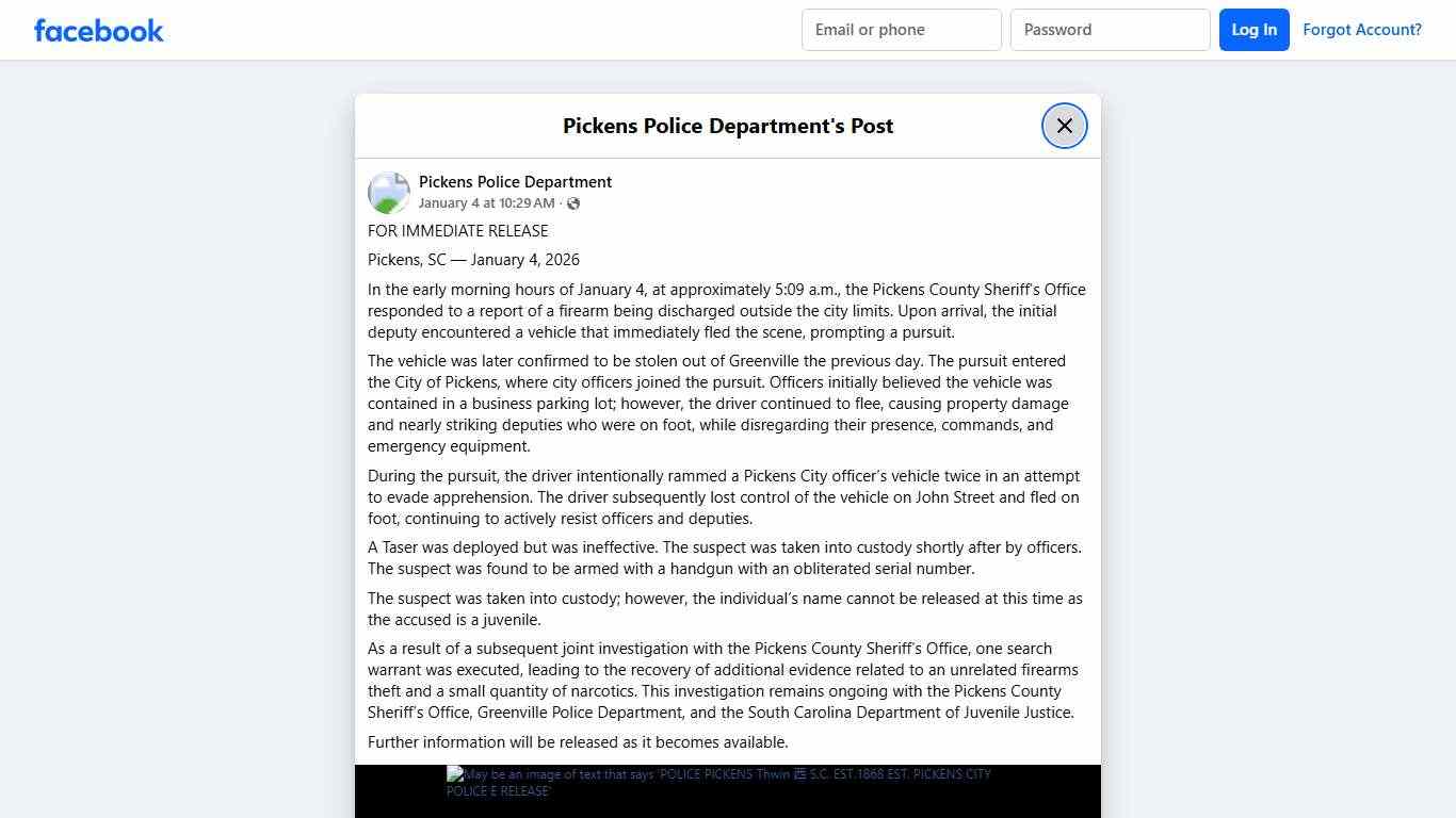FOR IMMEDIATE RELEASE... - Pickens Police Department Facebook